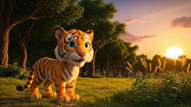 A cartoon tiger standing in a lush green field with trees at sunset
