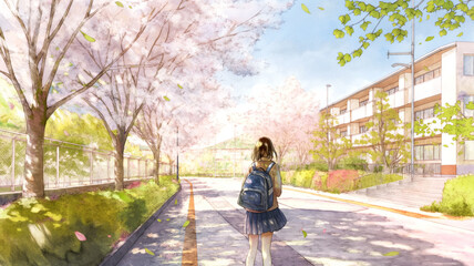 Fototapeta premium 満開の桜と学生の通学シーンを描いた春イラスト、新年度、入学式、始業式、登校風景、制服姿、友達、青春、笑顔、学校、校門、朝の空気、希望、未来、背景素材、動画用、サムネイル、広告バナー、ポスター、コピースペース、余白