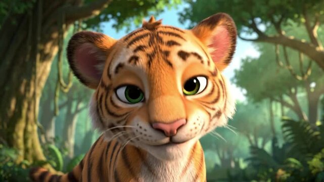 A cartoon tiger with big eyes and orange fur looks directly at the viewer in a lush forest with cartoon style and warm colors.