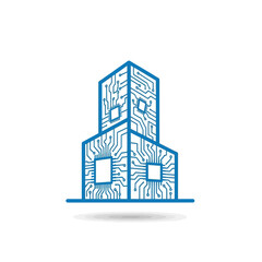 Conceptual illustration of a modern smart building with integrated circuit board patterns, symbolizing digital infrastructure, advanced technology, and urban connectivity in a connected world