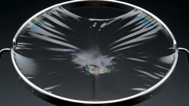 A metal bowl filled with iridescent soap bubbles, viewed from directly above, showcasing the reflective surface and shimmering bubbles.