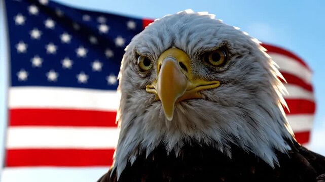 Cinematic wildlife portrait of bald eagle looking slightly off camera strong determined expression smooth controlled blinking realistic feather detail high dynamic range lighting emphasizing texture s