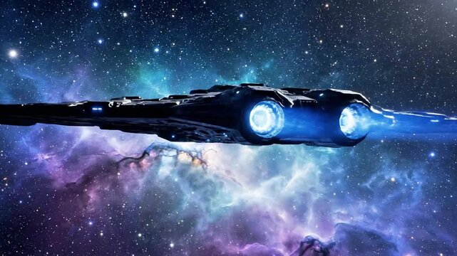 A spaceship underside with a view of a colorful galaxy with stars
