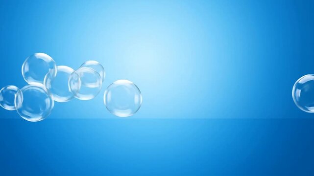 Floating iridescent soap bubbles rise in a clear blue environment viewed from the side