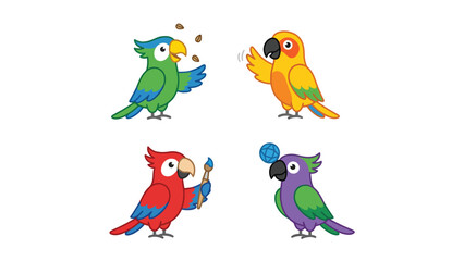 Naklejka premium Cute cartoon parrots set: eating, waving, painting, and playing with yarn. Colorful vector illustration.