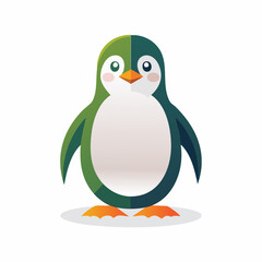 Naklejka premium Cute Cartoon Penguin Standing on Ice with Green and Blue Feathers.