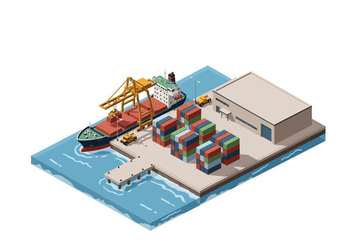 Isometric illustration of cargo ship unloading containers at dockyard with crane and warehouse