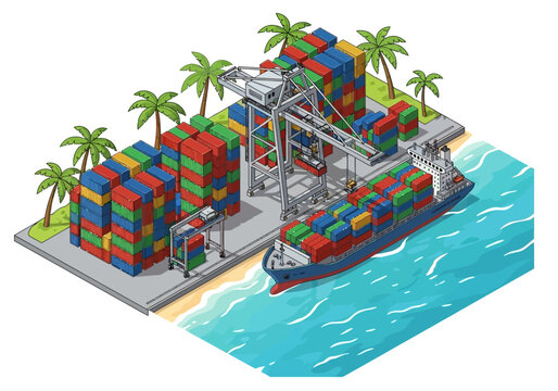 Isometric illustration of cargo ship loading containers at a tropical port with cranes and palm trees