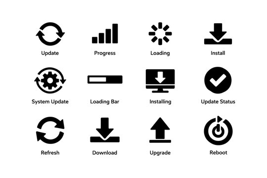 12 black update and download icons featuring loading, install, progress, and reboot symbols