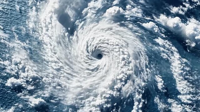 A massive storm with swirling clouds and a dark center is seen from space over the ocean