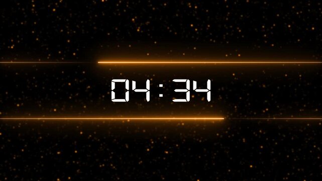 A digital clock 05: 00 min in clear white segmented digits, set against a dark background filled with numerous small, glowing orange particles, with two horizontal bright orange light streaks framing