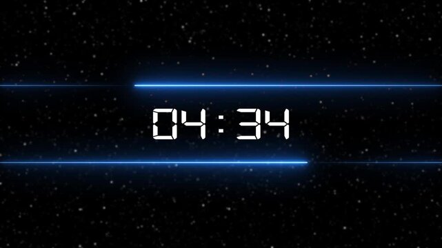 A digital clock 05: 00 m in white segmented digits, centered within a dark, star-filled background, framed by two horizontal, glowing bright blue light streaks that add a futuristic and dynamic visual