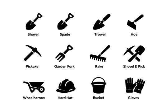 Silhouette icons of essential gardening and construction tools