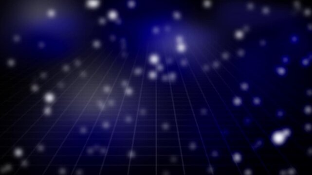 An abstract background with a receding grid pattern, illuminated by soft blue and purple light streaks and scattered white bokeh particles creating a cosmic or digital atmosphere