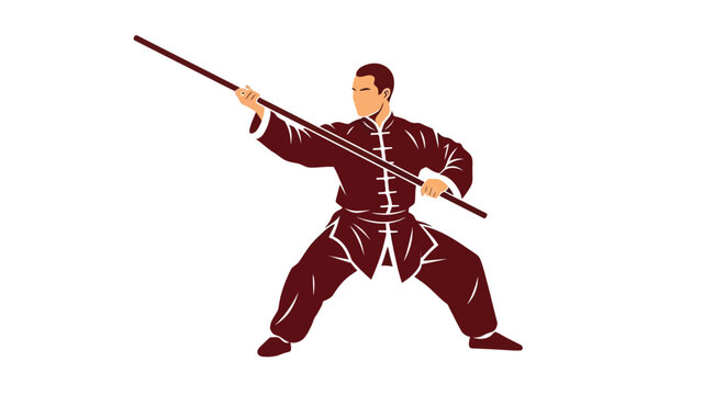 Vector illustration of a man in traditional martial arts uniform practicing with a long staff weapon in a dynamic pose.