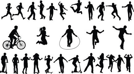 Fototapeta premium Collection of active people silhouettes showing running, jumping, cycling, skipping rope, skating and urban fitness activities, isolated on white background for sport lifestyle design