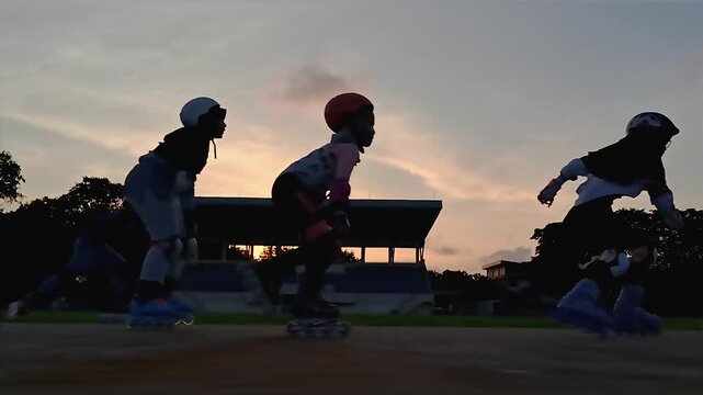 silhouettes of children playing roller skates until sunset