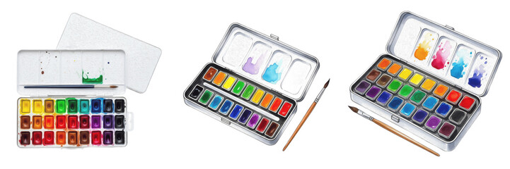 Set and collection of watercolor paint palettes with various vibrant colors and paintbrushes in different angles isolated on white transparent PNG background © prettyshots