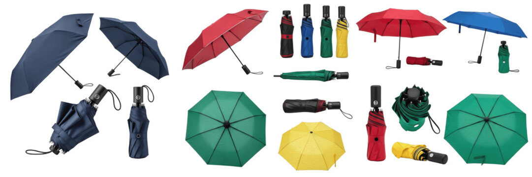 Set and collection of compact travel umbrellas in various colors, styles, and orientations isolated on white transparent PNG background