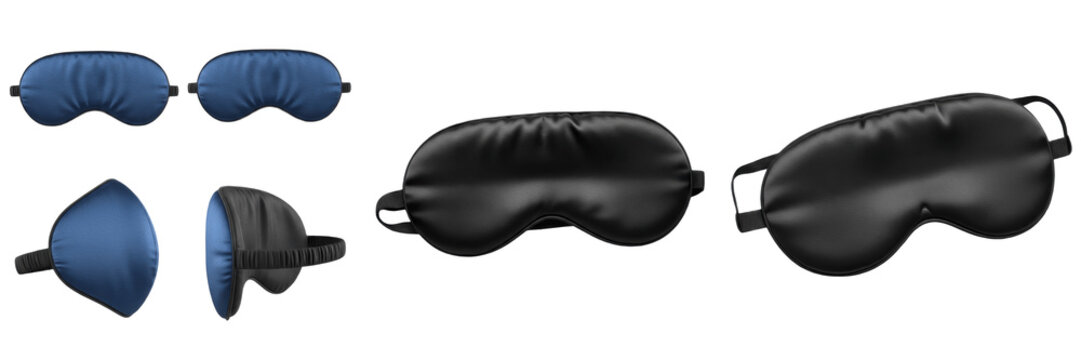 Set and collection of padded silk sleep masks in black and navy blue in various angles and perspectives isolated on white transparent PNG background