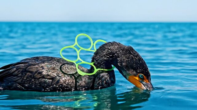 Great Cormorant entangled with plastic ring from can packaging in blue ocean for environmental awareness campaigns, conservation blogs, marine pollution articles, and wildlife protection education