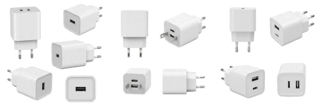 Set and collection of white USB power adapters, modern wall charger plugs for smartphone and electronic device battery charging design, isolated on white transparent PNG background