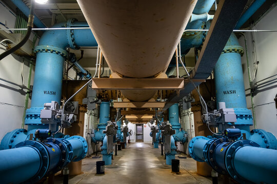 Industrial Interior and Exterior of a Modern Municipal Drinking Water Treatment Plant
