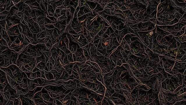 A close-up view of tangled tree roots covering the ground with some leaves scattered around, showcasing the natural texture and intricate patterns.