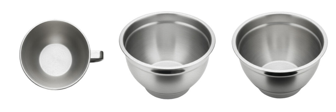 Set of Polished Stainless Steel Mixing Bowl Collection, Durable Deep Metal Kitchen Bowls for Cooking, Baking, and Food Preparation, isolated on white transparent PNG background