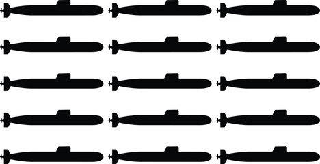 Submarine silhouette set featuring military underwater naval vessels, black maritime defense fleet vector collection isolated on white background © Ashadujjaman