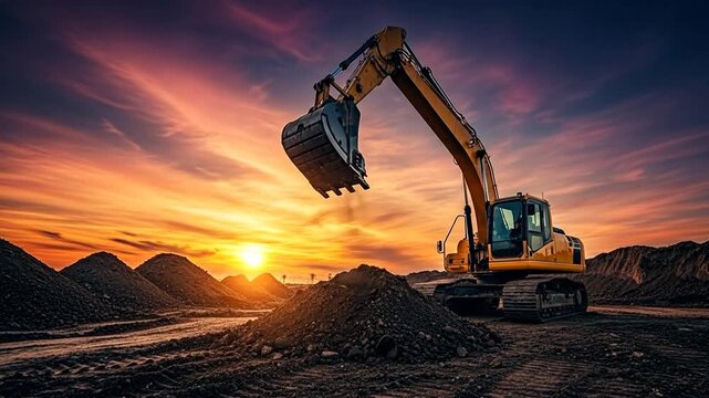 Construction under Sunset's Glow: A powerful excavator works tirelessly against the backdrop of a dramatic sunset, symbolizing industry, progress, and the relentless drive of human endeavor.