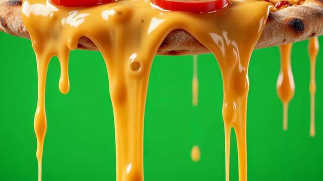 Melted Cheddar Cheese Dripping from Pizza Slice on Green Screen