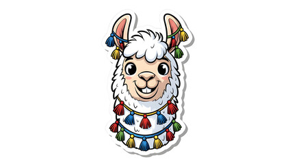Cute llama alpaca head with colorful tassels cartoon sticker