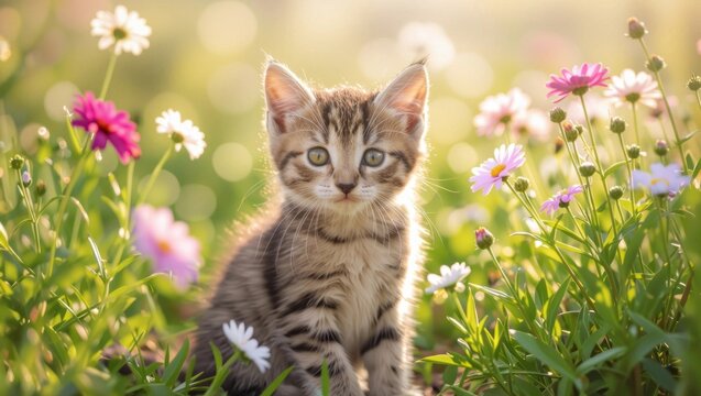 Adorable tabby kitten sits in a vibrant field of wildflowers during golden hour sunlight.