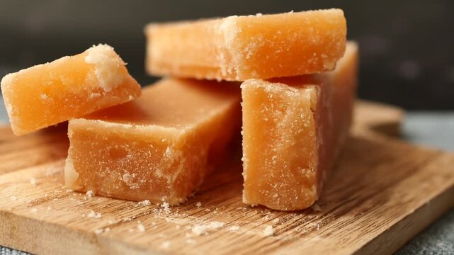 Close up slow motion footage of natural palm sugar blocks stacked on wooden board