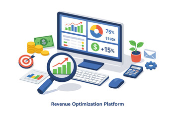 Business analytics dashboard on computer screen with financial charts and data.