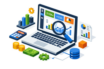 Laptop with financial charts and magnifying glass for analysis.