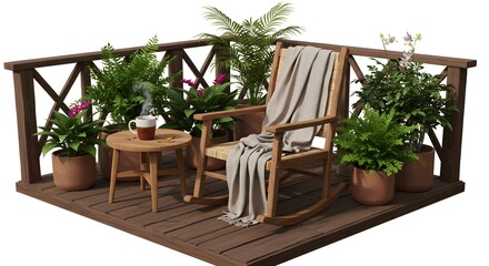 Fototapeta premium Cozy Wooden Balcony with Rocking Chair and Green Potted Plants for Relaxation