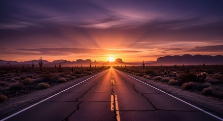 Fototapeta premium Vast desert highway stretching towards a breathtaking sunset, with saguaro cacti lining the roadside under a dramatic purple and orange sky