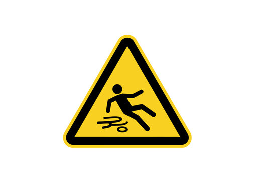 Warning sign with slipping person icon on yellow background triangular symbol indicating caution and hazard ahead viewed from directly above