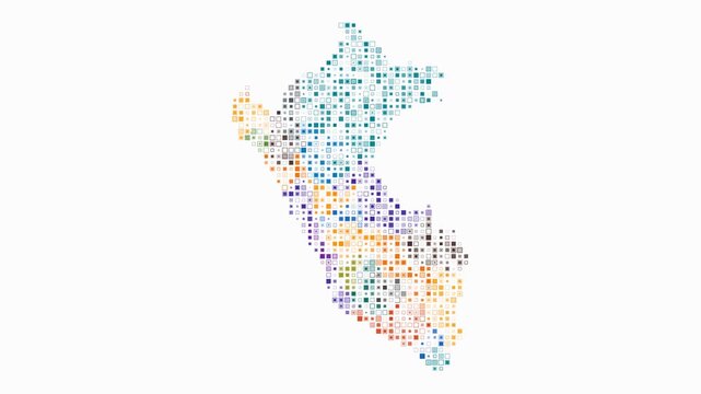 Peru animated country shape. Pulsating colored dots on the map of the country. Small size square blocks. Digital style Peru map on white background. Artistic animation video.