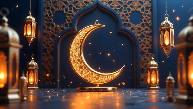ramdan Kareem greeting background golden lanterns crescent moon