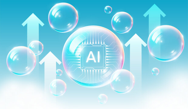 Artificial Intelligence Bubble Concept, AI processor chip in a bubble. Symbolizing the AI tech market bubble and hype, vector illustration	

