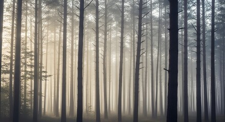 Misty Pine Forest During Sunrise with Tall Trees and Soft Light Rays Creating a Serene Atmosphere