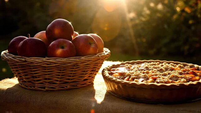 Fresh Baked Apple Crumble Pie and Harvest Basket in Golden Light