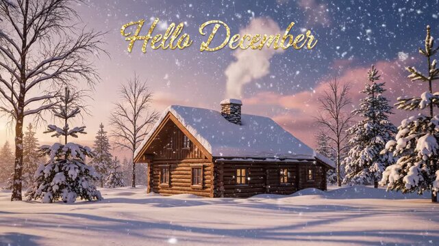 Cozy log cabin in snowy forest with trees and hello december text at sunset