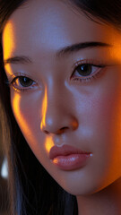 Fashion portrait of young beautiful glowing skin Asian woman model, skin care, emphasizing the natural beauty and radiance of healthy skin.