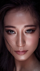 Fashion portrait of young beautiful glowing skin Asian woman model, skin care, emphasizing the natural beauty and radiance of healthy skin.