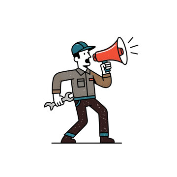Worker with Megaphone and Wrench Announcing News