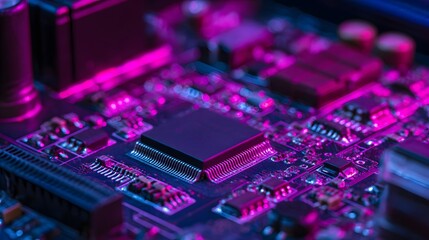 Close-up of a vibrant purple and blue illuminated computer circuit board with microchips and electronic components.